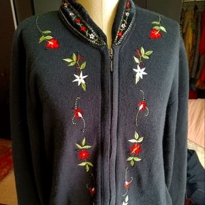 Natural Impressions Embroidered Black Sweater Medium Acrylic Wool Blend